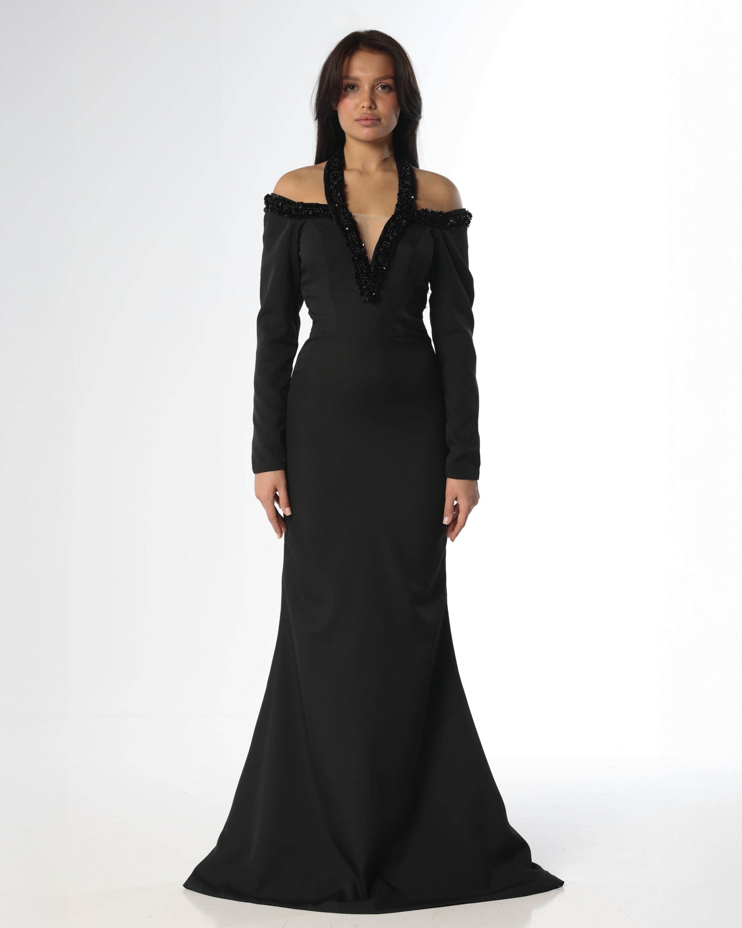 Embroidered Neckline Off-Shoulder Black Dress