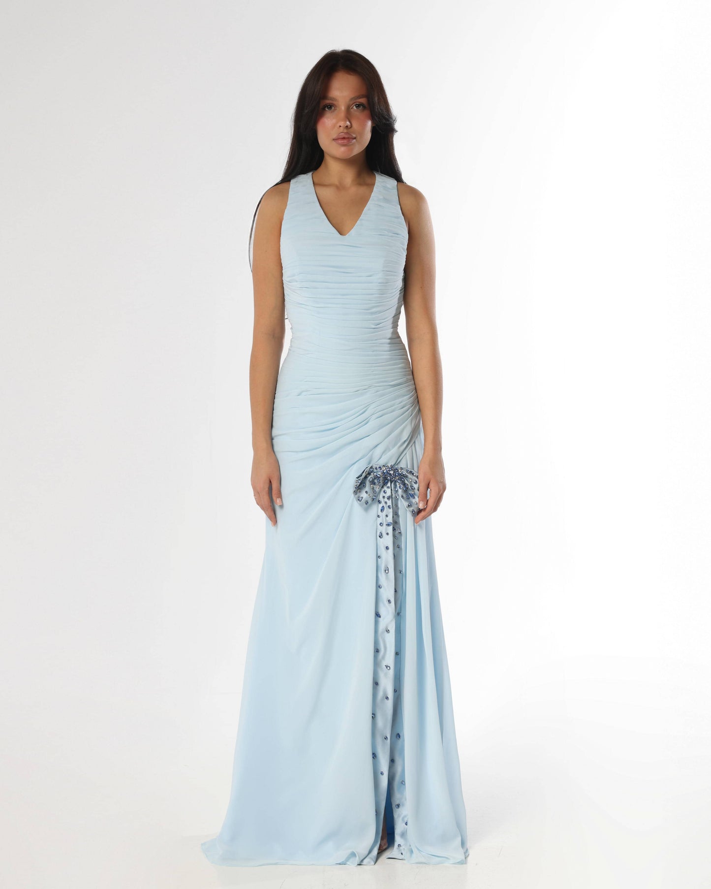 Embellished Bow Chiffon Blue Dress