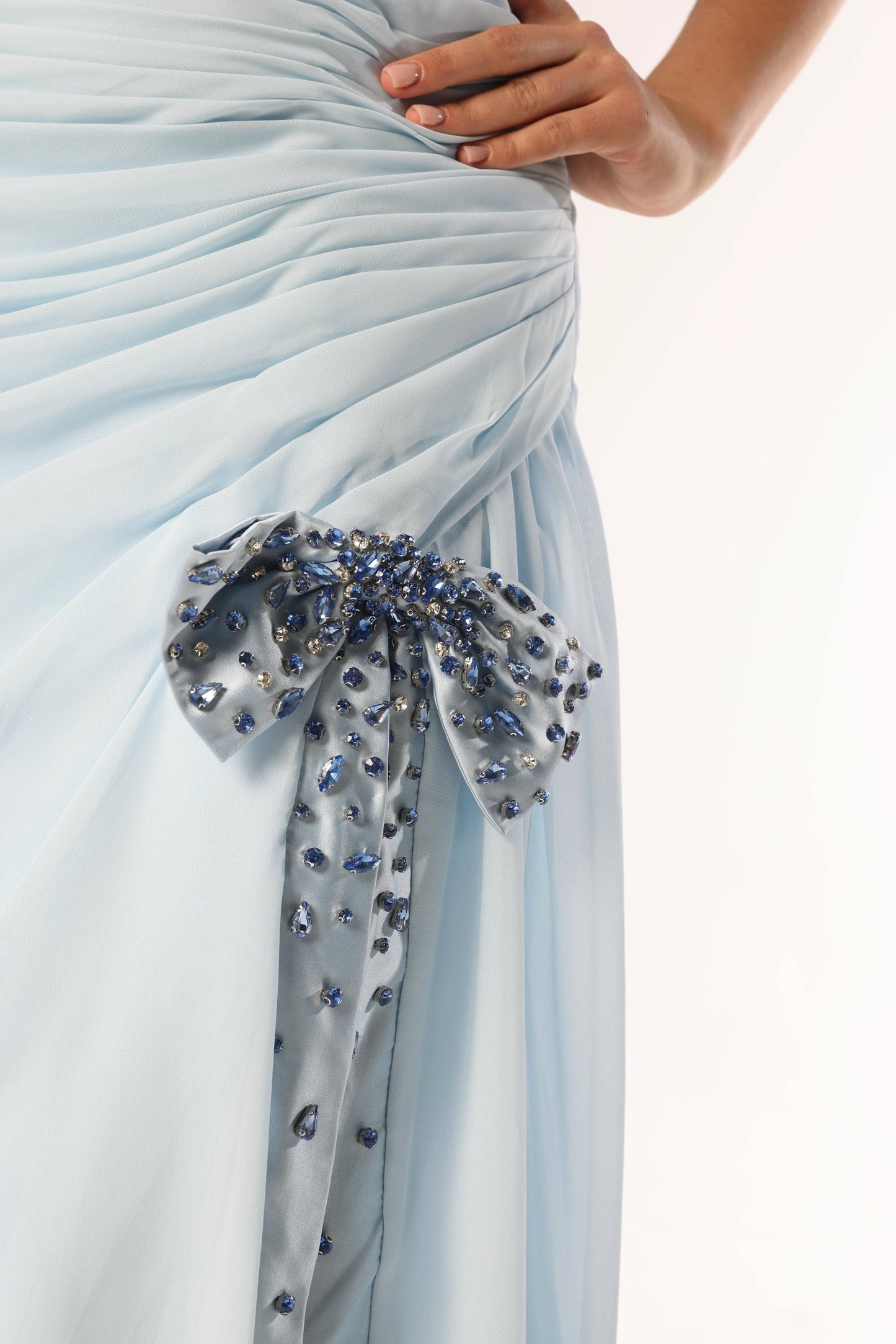 Embellished Bow Chiffon Blue Dress