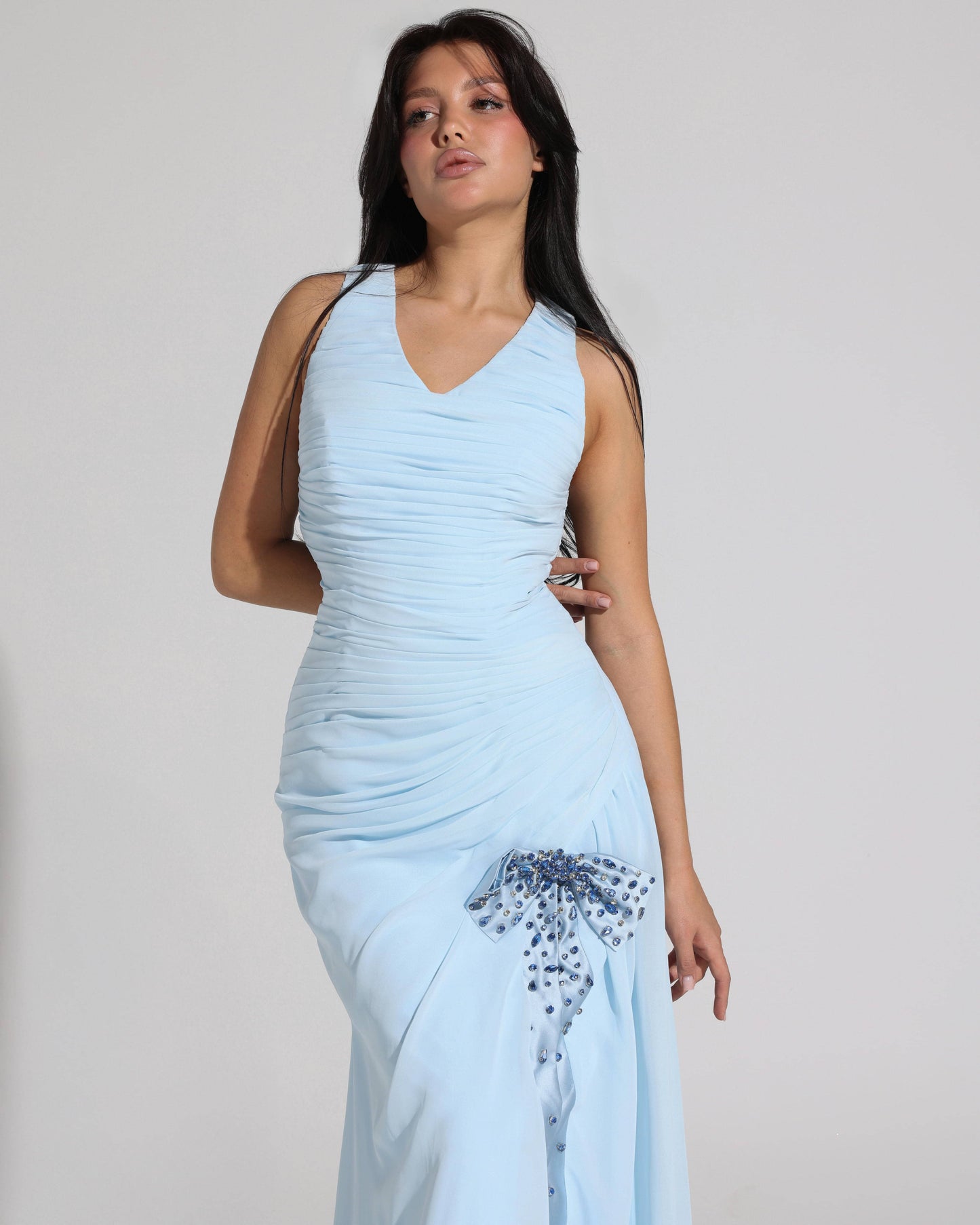 Embellished Bow Chiffon Blue Dress