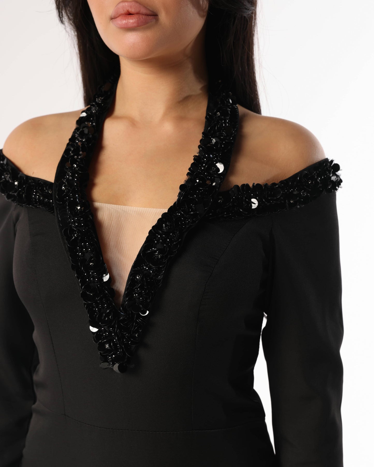 Embroidered Neckline Off-Shoulder Black Dress