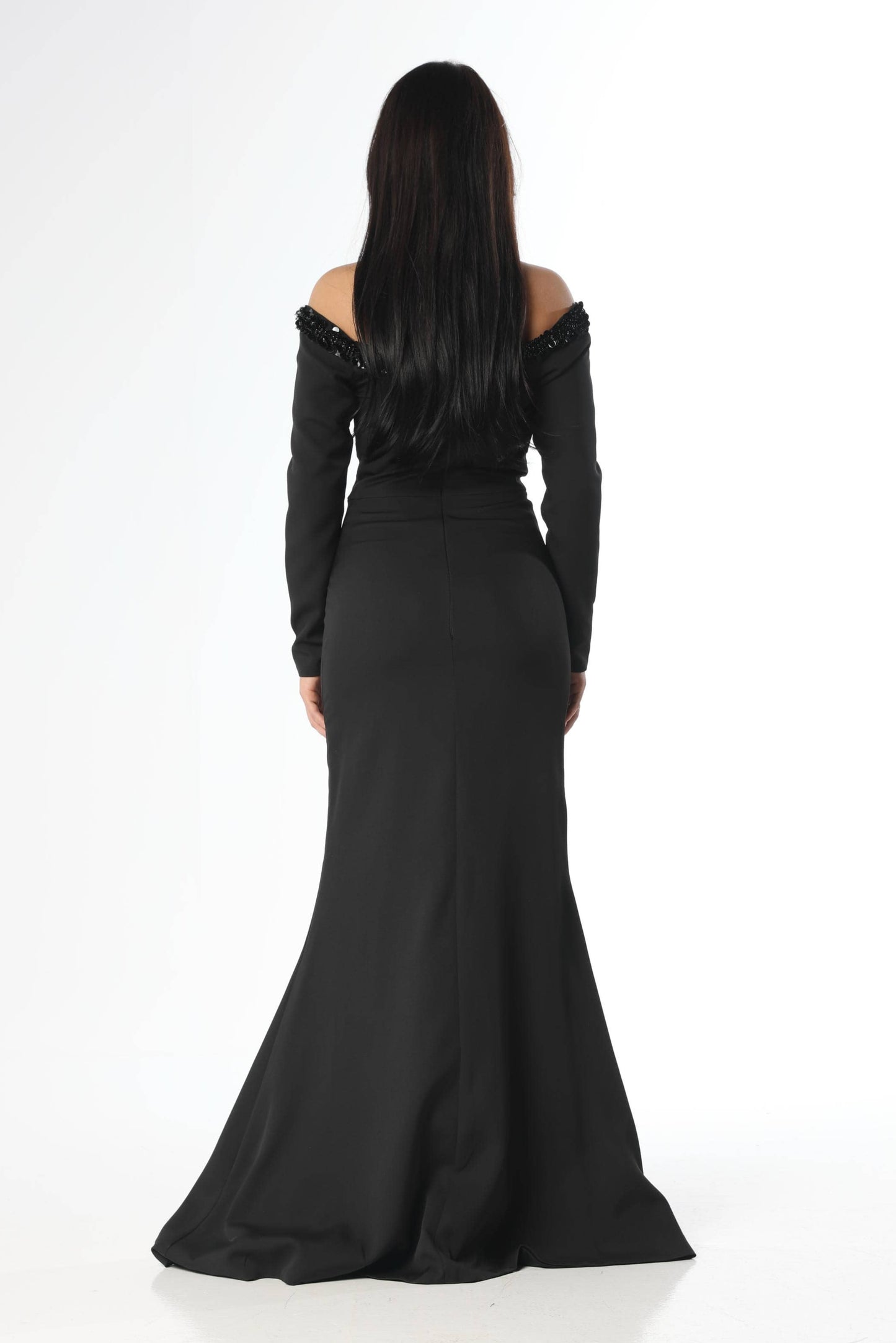 Embroidered Neckline Off-Shoulder Black Dress