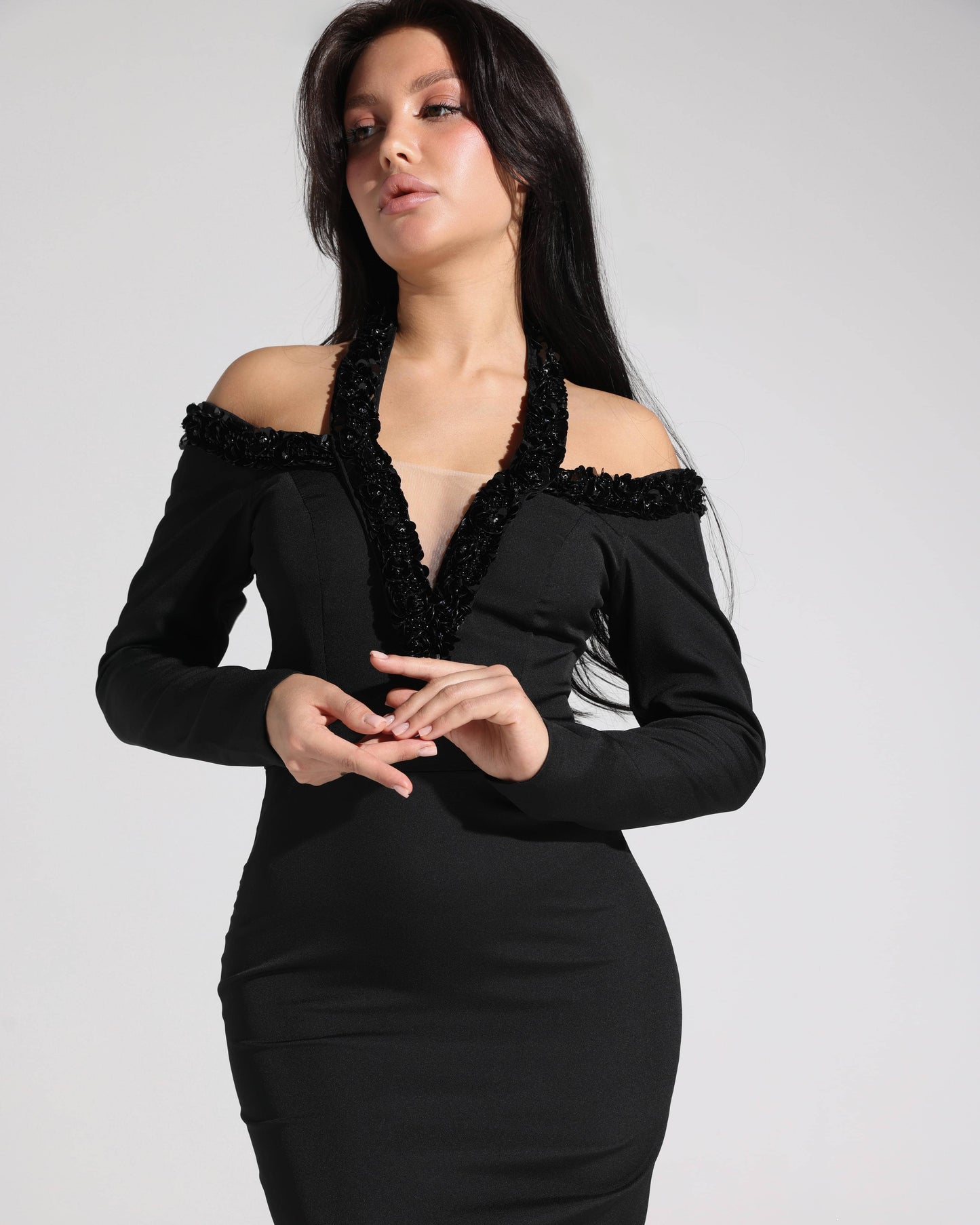 Embroidered Neckline Off-Shoulder Black Dress